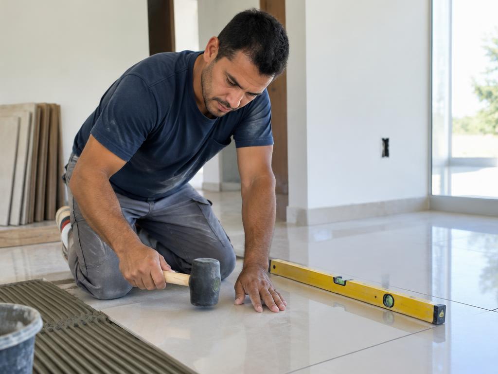Pedreiro assentando piso cerâmico com nível e malho
